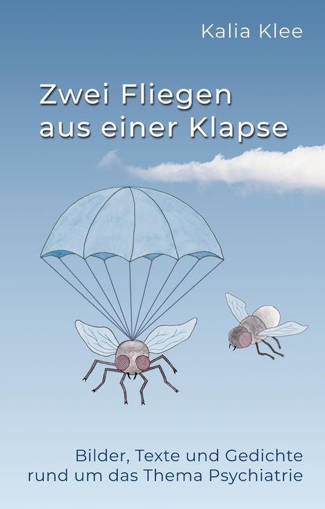 Titel: "Zwei Fliegen aus einer Klapse". Autor: Kalia Klee. Illustration: Fliege mit Fallschirm am Himmel, zweite Fliege daneben.