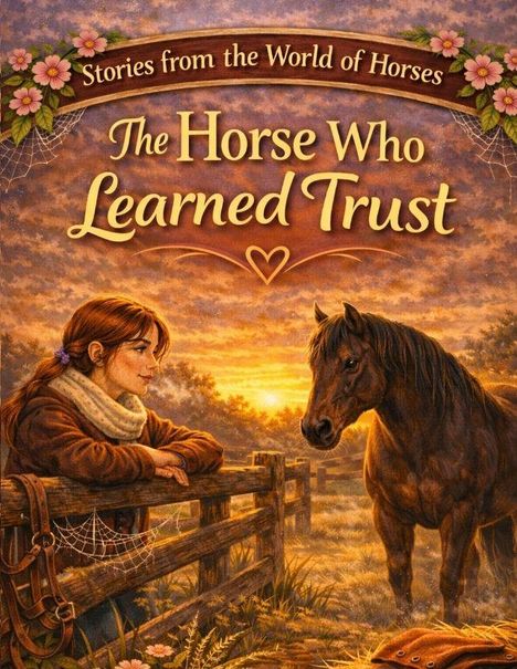 „The Horse Who Learned Trust“. Frau und Pferd bei Sonnenuntergang an einem Holzzaun, umgeben von Blumen und Spinnennetzen.