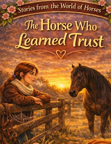 "Stories from the World of Horses: The Horse Who Learned Trust." Eine Frau am Zaun schaut ein Pferd bei Sonnenuntergang an.