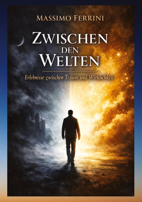 „Zwischen den Welten, Erlebnisse zwischen Traum und Wirklichkeit“. Illustration: Eine Person zwischen Dunkelheit und Licht.