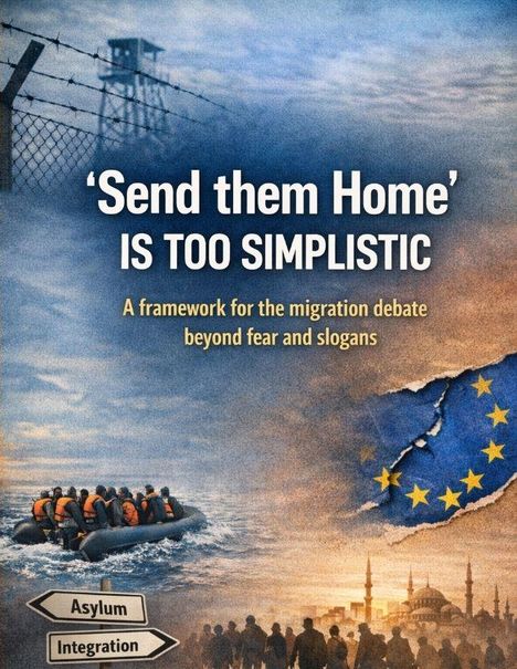 „Send them Home' IS TOO SIMPLISTIC“ ist in großer Schrift abgebildet. Darunter Menschen in einem Boot und EU-Flagge.
