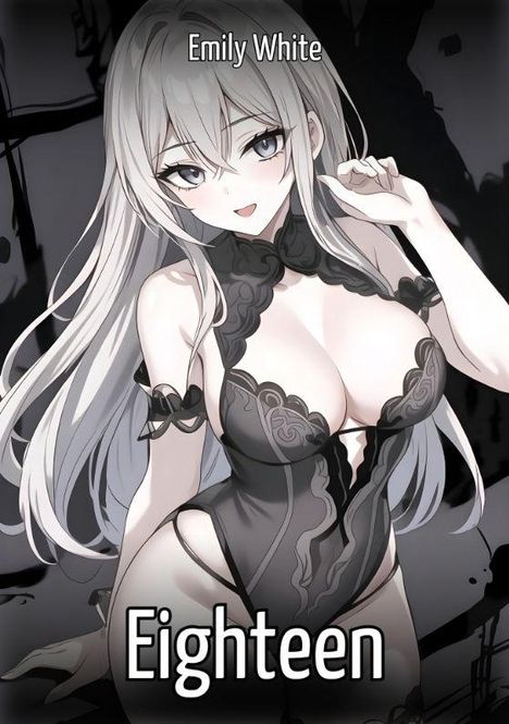 Text: "Emily White" oben, "Eighteen" unten. Anime-Figur mit langen Haaren und schwarzem, verziertem Outfit mit Spitze.