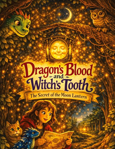 Text: "Dragon's Blood and Witch's Tooth - The Secret of the Moon Lantern." Mädchen mit Karte, Drache, Eule, Katze und Laterne.