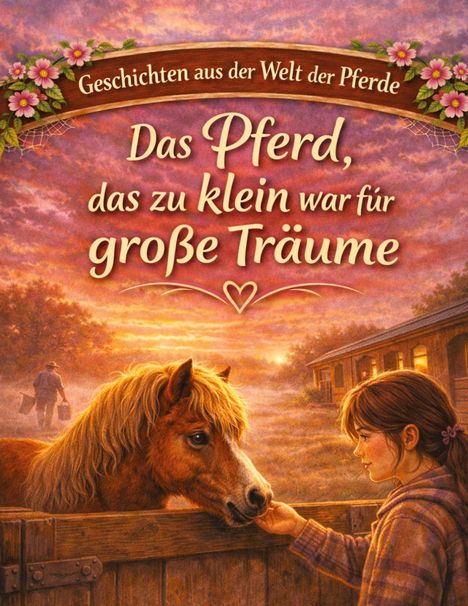 "Das Pferd, das zu klein war für große Träume". Illustration: Mädchen streichelt Pony, Hintergrund Sonnenaufgang und Stall.