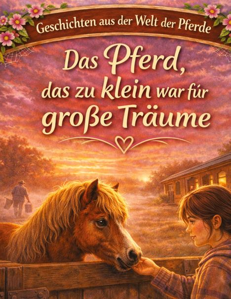 „Das Pferd, das zu klein war für große Träume“, Illustration eines Mädchens mit Pony bei Sonnenuntergang.