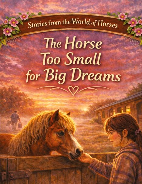 "Stories from the World of Horses: The Horse Too Small for Big Dreams." Mädchen streichelt Pony am Zaun in ländlicher Umgebung.