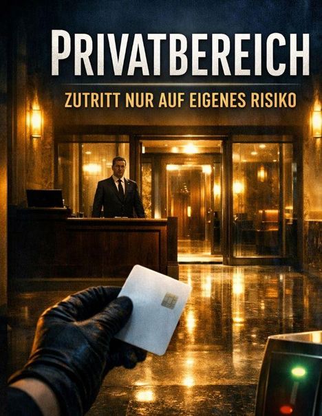 „PRIVATBEREICH. ZUTRITT NUR AUF EIGENES RISIKO.“ Ein Wachmann steht hinter einem Empfangstresen, Hand hält Schlüsselkarte.
