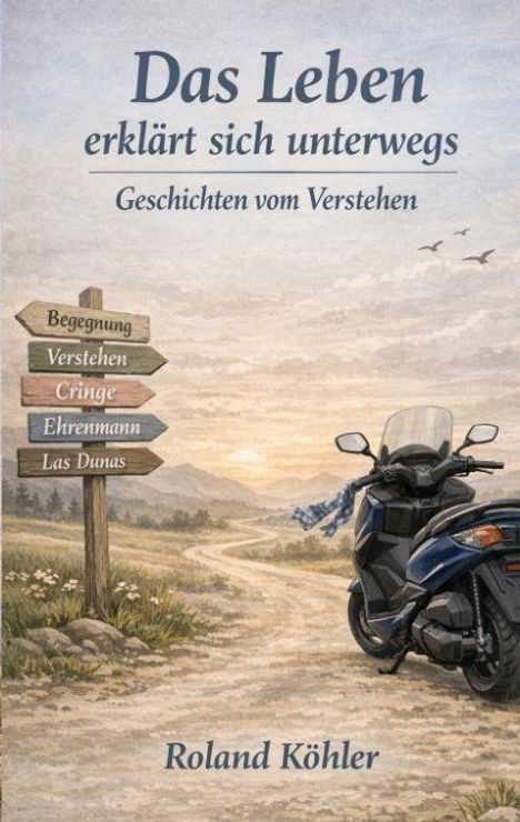 "Das Leben erklärt sich unterwegs. Geschichten vom Verstehen." Ein Wegweiser auf einer Landstraße mit Motorrad.