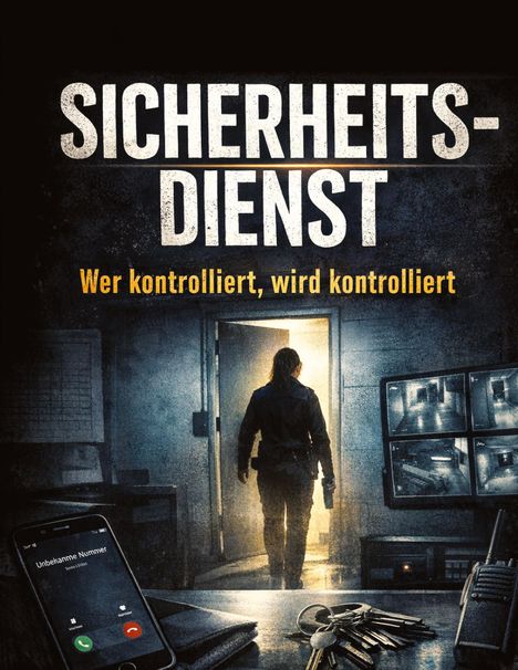 Große Schrift: "SICHERHEITSDIENST". Darunter: "Wer kontrolliert, wird kontrolliert." Eine Person verlässt einen Raum, eingehüllt in Licht.
