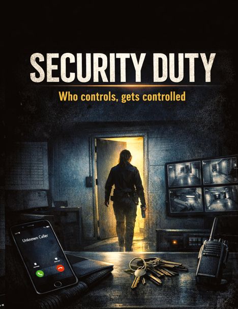 "SECURITY DUTY. Who controls, gets controlled." Eine Person geht in einen beleuchteten Flur, vor ihr ein Tisch mit Gerät.