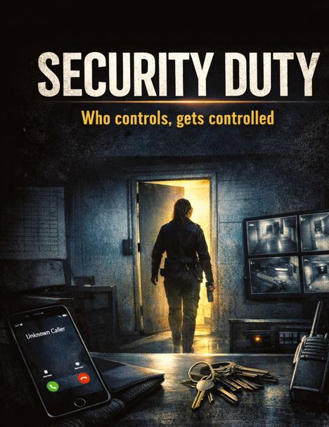 „SECURITY DUTY. Who controls, gets controlled.“ Eine Person geht durch eine Tür, auf einem Tisch liegt ein klingelndes Handy.