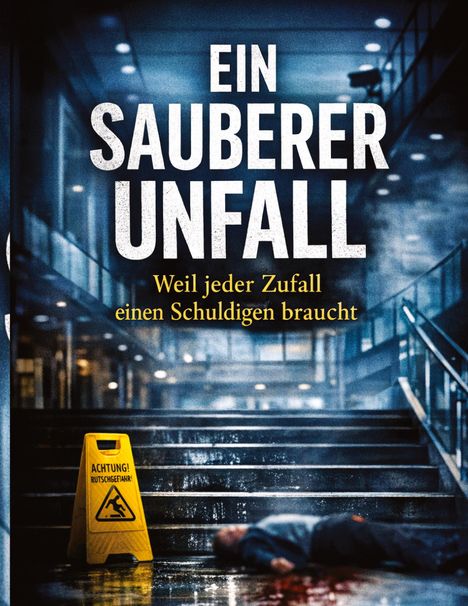Text: "Ein sauberer Unfall. Weil jeder Zufall einen Schuldigen braucht. Achtung! Rutschgefahr!" Szene: Mann liegt blutend vor Treppe.