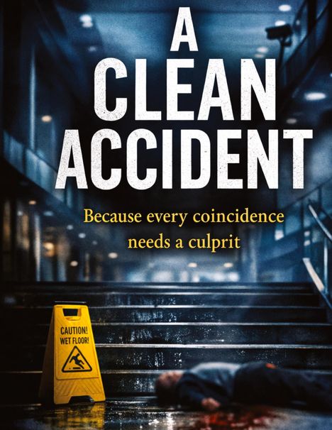 Text: "A CLEAN ACCIDENT. Because every coincidence needs a culprit. Caution! Wet Floor!" 

Treppe, Putzschild, Person am Boden.