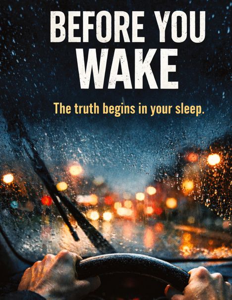 "BEFORE YOU WAKE. The truth begins in your sleep." Zwei Hände steuern ein Auto im Regen, Lichter verschwimmen.