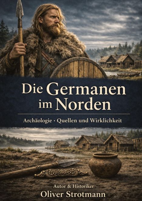 Titel: "Die Germanen im Norden". Untertitel: "Archäologie · Quellen und Wirklichkeit". Autor: Oliver Strotmann. Illustration zeigt einen bärtigen Krieger mit Fellumhang und Schild, im Hintergrund Hütten am Fluss.
