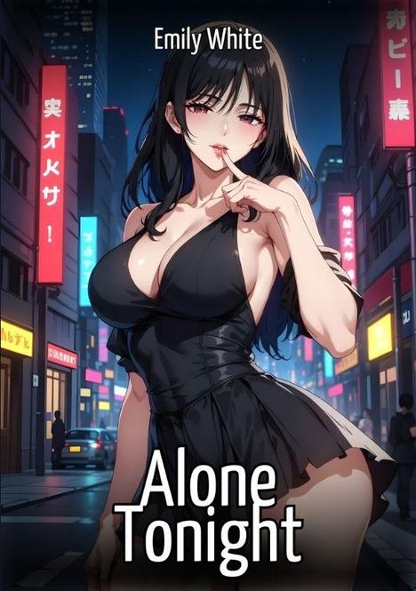 "Emily White", "Alone Tonight". Eine Frau in schwarzem Kleid in einer beleuchteten Stadtstraße, neon-asiatische Schilder im Hintergrund.