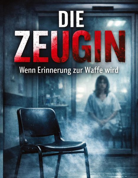 Text: "DIE ZEUGIN. Wenn Erinnerung zur Waffe wird." Ein leerer Stuhl in einem nebligen Raum, Frau im Hintergrund.