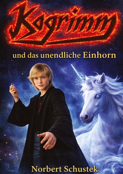 „Kogrimm und das unendliche Einhorn“ von Norbert Schustek. Junge mit Zauberstab neben einem Einhorn auf blauem, magischem Hintergrund.
