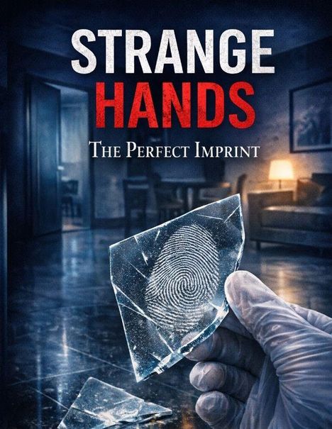 Text: "STRANGE HANDS, THE PERFECT IMPRINT". Illustration: Ein behandschuhte Hand hält Glas mit Fingerabdruck, düstere Raumstimmung.
