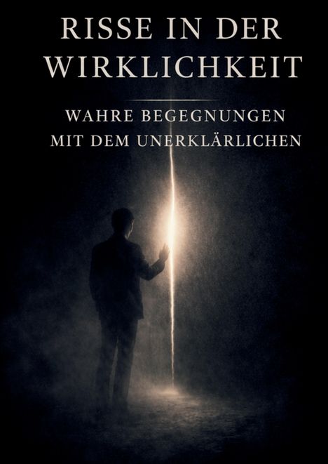 "Risse in der Wirklichkeit. Wahre Begegnungen mit dem Unerklärlichen." Dunkle Silhouette vor hellem, vertikalem Spalt.