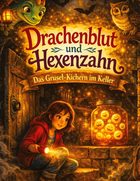 "Drachenblut und Hexenzahn: Das Grusel-Kichern im Keller." Ein Mädchen mit Taschenlampe betrachtet ein leuchtendes Glas.