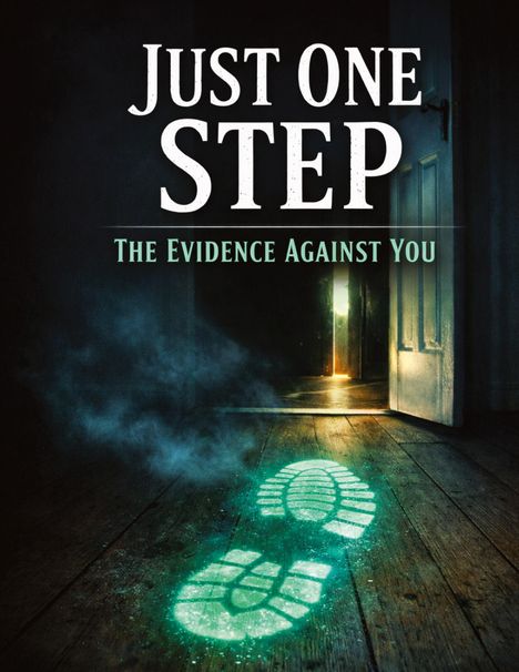 Text: "Just One Step The Evidence Against You". Leuchtende Fußabdrücke führen durch eine geöffnete Tür.