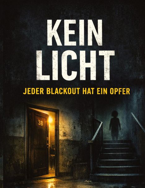 Texte: "KEIN LICHT", "JEDER BLACKOUT HAT EIN OPFER". Dunkler Flur, geöffnete Tür mit Lichtschein, Schemen einer Person auf Treppe.