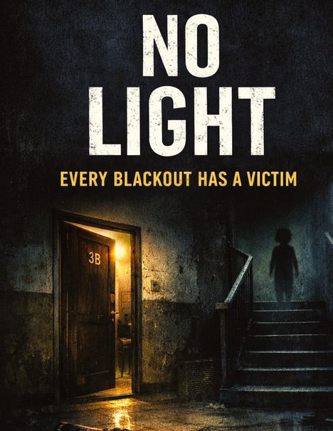 Text: „NO LIGHT - EVERY BLACKOUT HAS A VICTIM“. Eine halb geöffnete Tür in einem düsteren Flur, daneben Treppen.