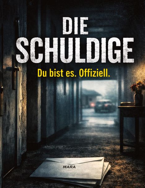 Text: "Die Schuldige. Du bist es. Offiziell. MARA." Ein dunkler Flur mit einem Tisch und einem Auto im Hintergrund.