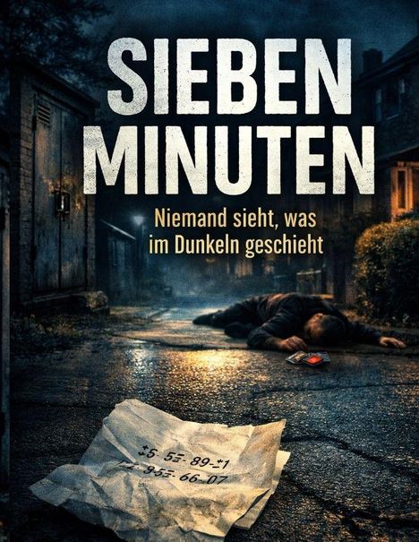 "SIEBEN MINUTEN. Niemand sieht, was im Dunkeln geschieht." Dunkler, regnerischer Weg, Mann am Boden, zerknitterter Zettel.