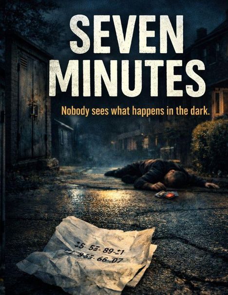 „SEVEN MINUTES“ in großen Buchstaben, darunter „Nobody sees what happens in the dark.“ Eine Person liegt auf der Straße.