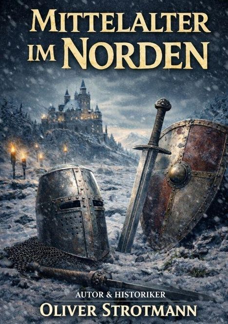 "MITTELALTER IM NORDEN." Ein Burgbild im Schnee mit Helm, Schwert und Schild im Vordergrund. Autor: Oliver Strotmann.