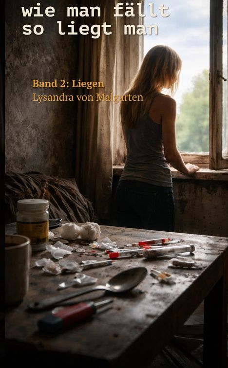 Text: "wie man fällt so liegt man. Band 2: Liegen. Lysandra von Malgarten." Eine Frau blickt aus einem Fenster. Auf dem Tisch liegen Spritzen und Utensilien.