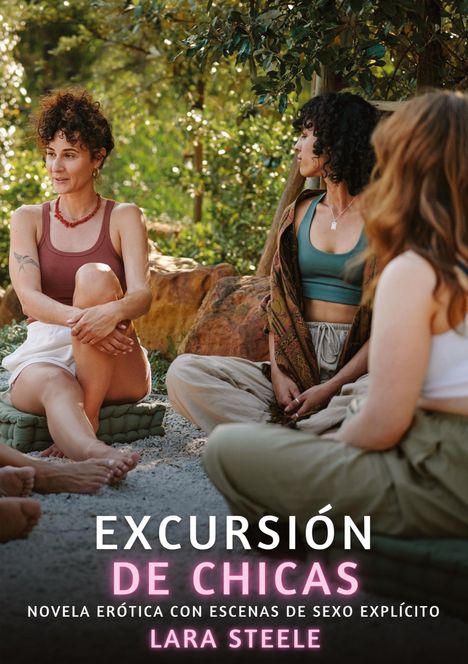 „EXCURSIÓN DE CHICAS“; Frauen sitzen in Sommerkleidung im Freien auf Kissen und scheinen sich entspannt zu unterhalten.