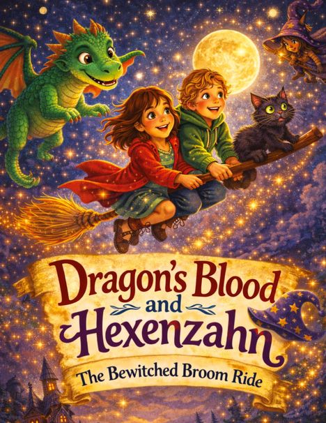 „Dragon's Blood and Hexenzahn: The Bewitched Broom Ride“ steht auf einer Illustration. Kinder fliegen auf einem Besen mit Drache und Katze im Sternenhimmel.