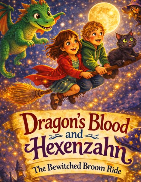 "Dragon's Blood and Hexenzahn: The Bewitched Broom Ride." Zwei Kinder fliegen mit einem Drachen und einer Katze auf einem Besen.