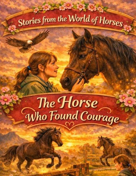 „Stories from the World of Horses. The Horse Who Found Courage“. Illustration mit Frau, Pferd, Blumen und Adlern.