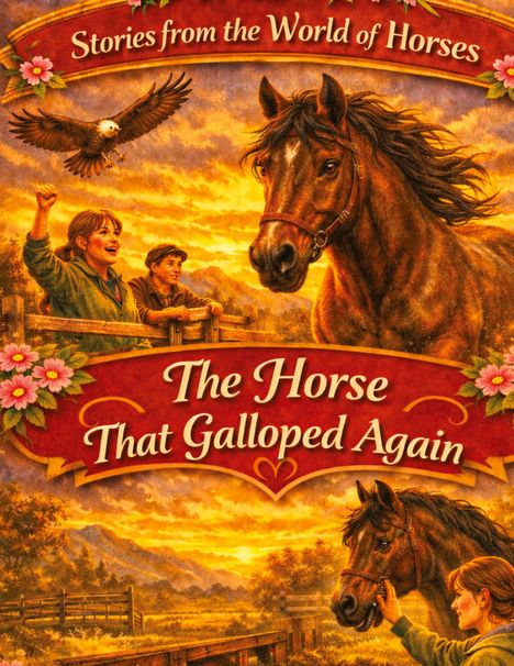 "Stories from the World of Horses" oben, "The Horse That Galloped Again" unten. Illustrationen: Kinder, Pferd, Adler, Sonnenuntergang.