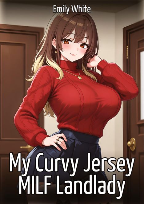 "Emily White. My Curvy Jersey MILF Landlady." Illustration einer Frau in rotem Pullover, lächelnd in einer Türöffnung.