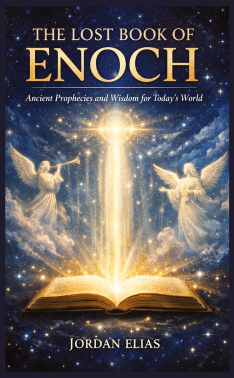 „The Lost Book of Enoch“, „Ancient Prophecies and Wisdom for Today's World“. Zwei Engel und ein strahlendes Buch.