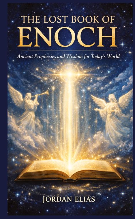 „The Lost Book of Enoch: Ancient Prophecies and Wisdom for Today's World. Jordan Elias.“ Illustration von Engeln und offenem Buch.