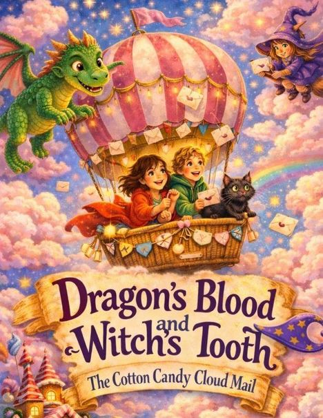 „Dragon's Blood and Witch's Tooth“ steht auf einem Banner. Zwei Kinder und eine Katze in einem Heißluftballon mit Briefen.