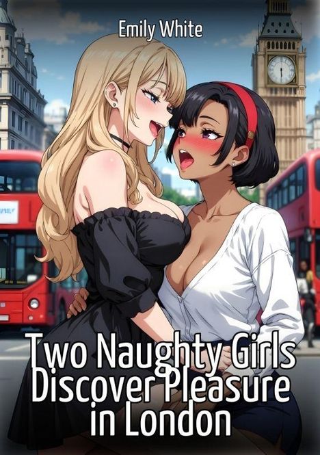 "Emily White. Two Naughty Girls Discover Pleasure in London." Zwei animierte Frauen in inniger Pose vor Londoner Kulisse.