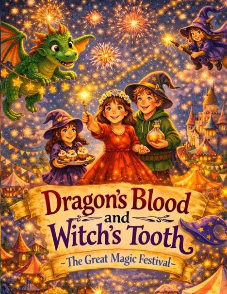 "Dragon's Blood and Witch's Tooth: The Great Magic Festival" mit Kindern in Festkleidung, Drachen und Feuerwerk.
