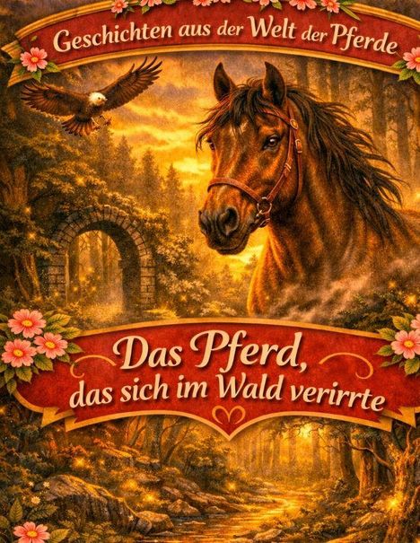 Titel: "Das Pferd, das sich im Wald verirrte". Illustration zeigt ein Pferd im Wald mit einem Adler und Blumen.