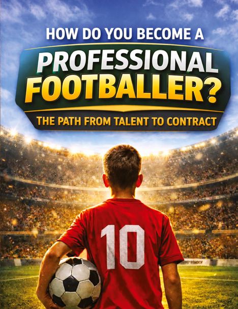 Text: „How do you become a professional footballer? The path from talent to contract.“ Ein Junge im Fußballstadion hält den Ball.