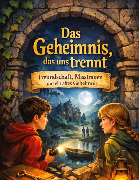 "Das Geheimnis, das uns trennt. Freundschaft, Misstrauen und ein altes Geheimnis." Zwei Kinder schauen auf ein Herrenhaus.
