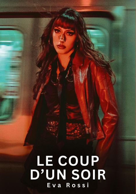 Text: "LE COUP D'UN SOIR, Eva Rossi." Frau in roter Lederjacke vor unscharfem, vorbeifahrendem Zug.