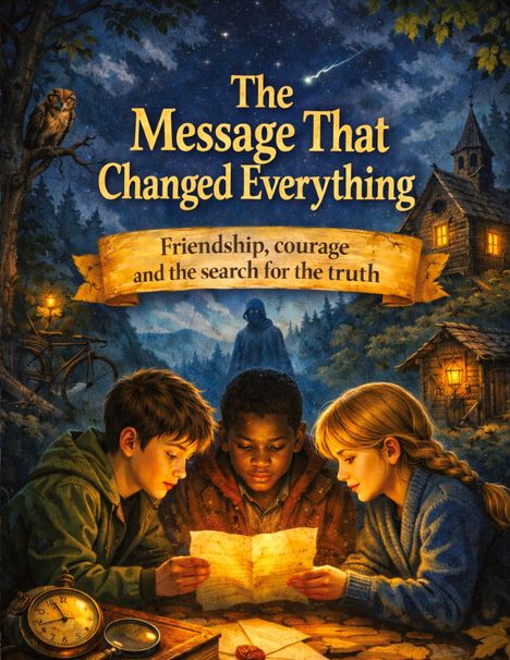 "The Message That Changed Everything. Friendship, courage and the search for the truth." Drei Kinder lesen nachts ein Papier.
