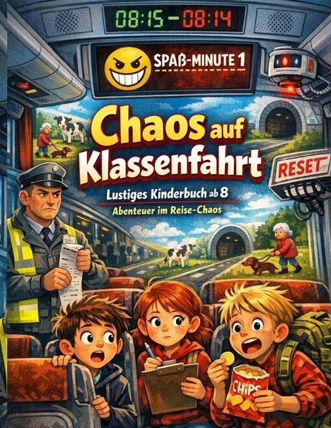 "Chaos auf Klassenfahrt: Lustiges Kinderbuch ab 8" zeigt Kinder im Zug, einen Kontrolleur, Kühe und eine Oma draußen.
